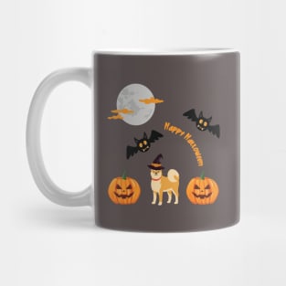 Shiba Inu with Witch Hat and Happy Halloween Sign, Spooky Pumpkin, Bats and Moon Mug